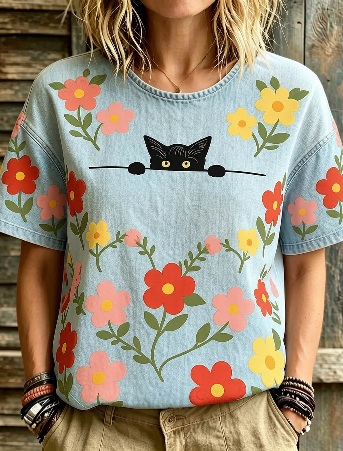 Women's Hippie Cute Cat  With Floral Art Print Linen Blend Round Neck Tshirt