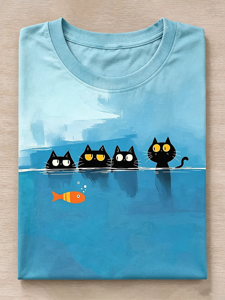 Fun Cat And Fish Ocean Print Crew Neck Short Sleeve T-shirt