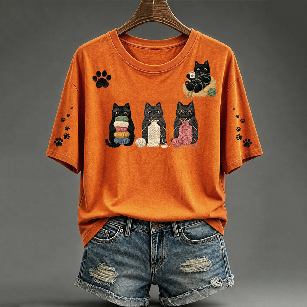 Damen T-Shirt mit Rundhalsausschnitt und süßem Katzen-Kunstdruck, Kurzarm