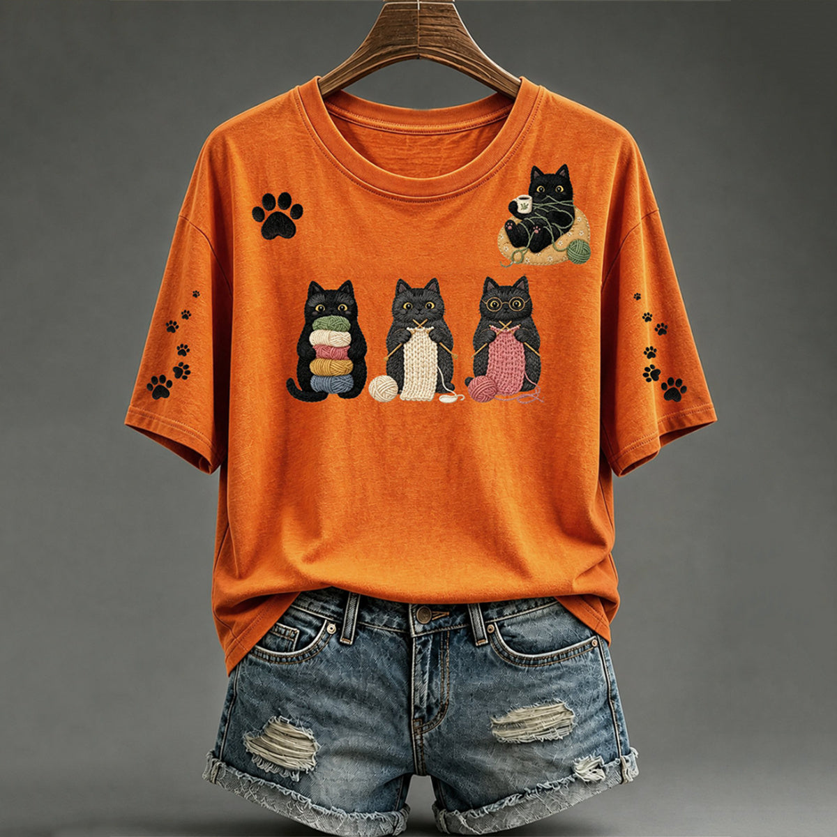 Damen T-Shirt mit Rundhalsausschnitt und süßem Katzen-Kunstdruck, Kurzarm