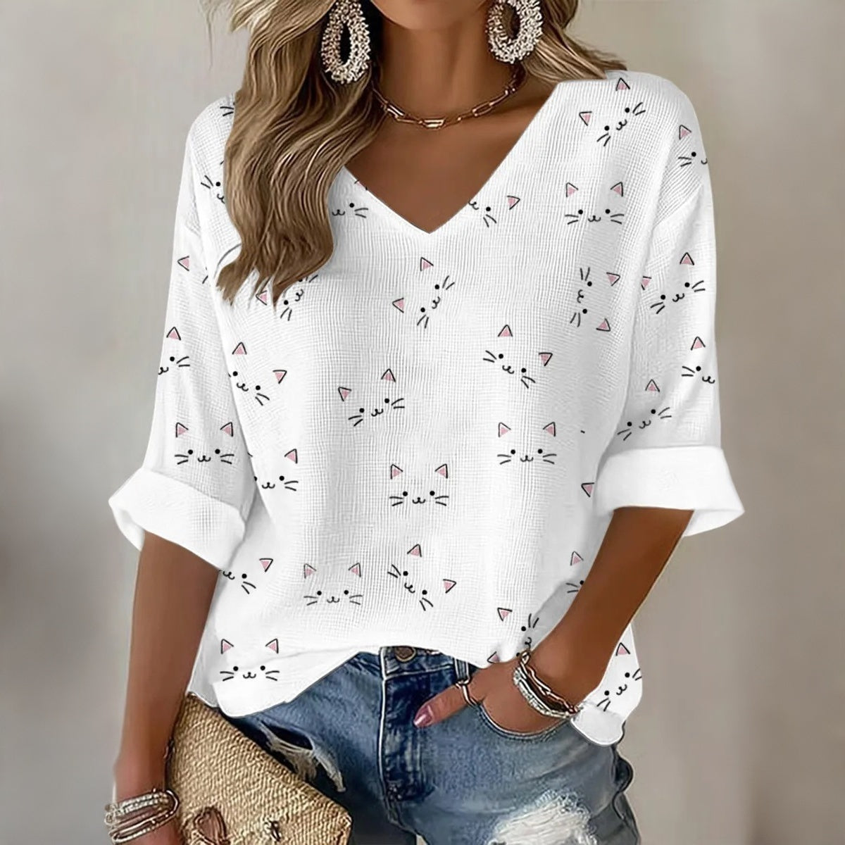 Women's Vintage Hippie Cute Cat Art Printed Art Flowy Linen Blend Three Quarter Sleeves T-shirt