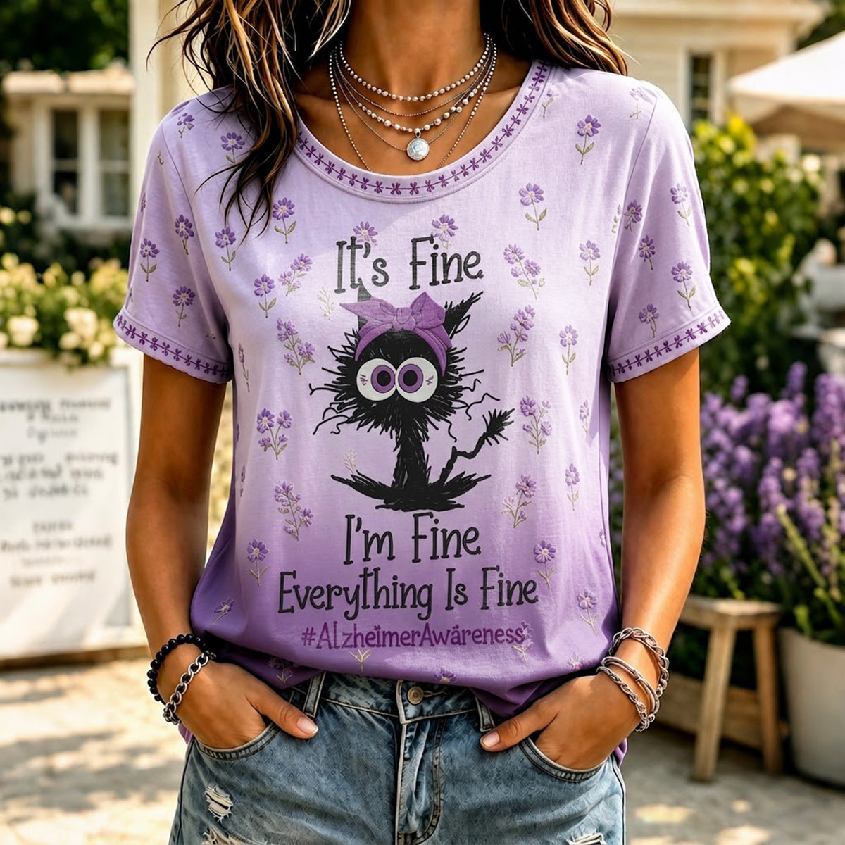 Damen Retro "Im Fine Everything Is Fine" Alzheimer-Print Bequemes T-Shirt