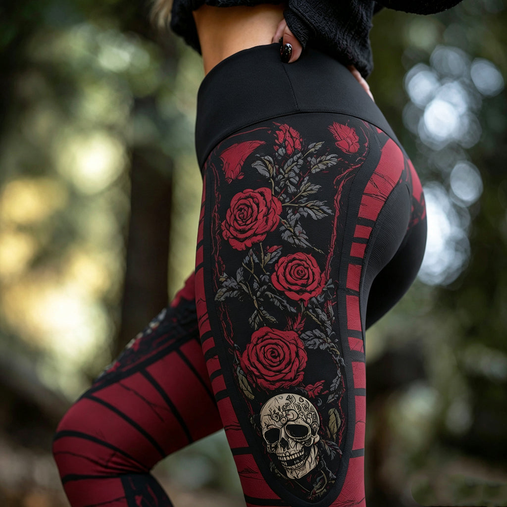 Women's Vintage Sugar Skull And Rose Pattern Comfortable Leggings