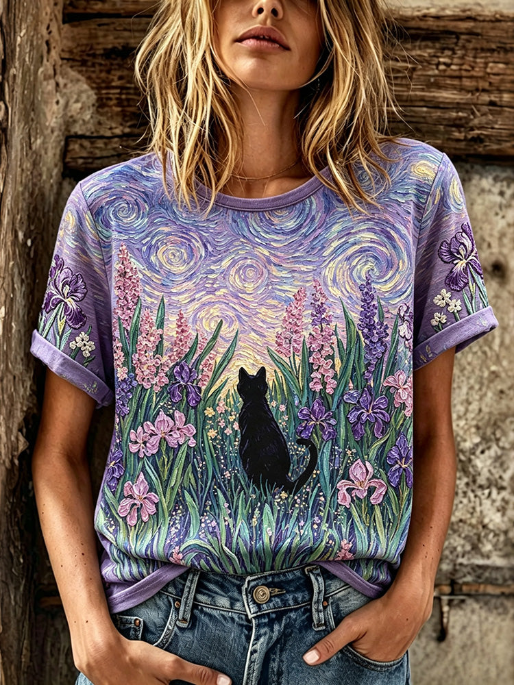 Damen Retro Schwarze Katze Lavendel Blumenmuster Rundhals Kurzarm-T-Shirt