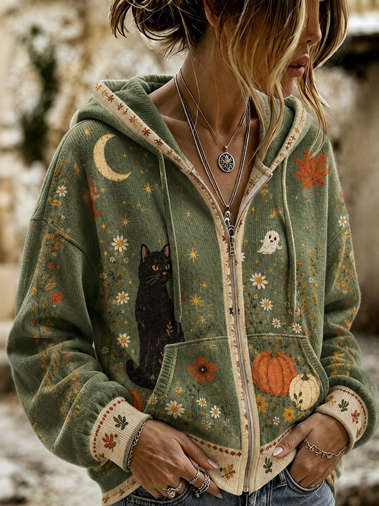 Women's Retro Halloween Floral And Black Cat Color Block Sweatshirt