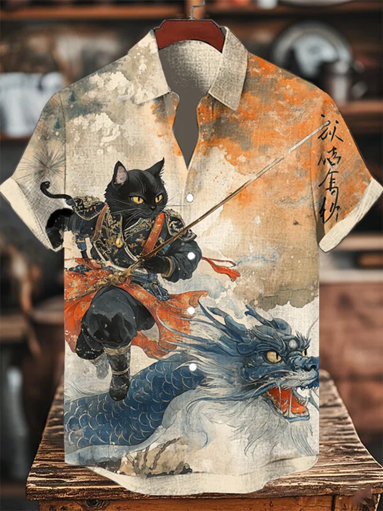 Herren Schwarze Katze Samurai und Drache Japanischer Stil Kunstdruck Freizeit-Hemd