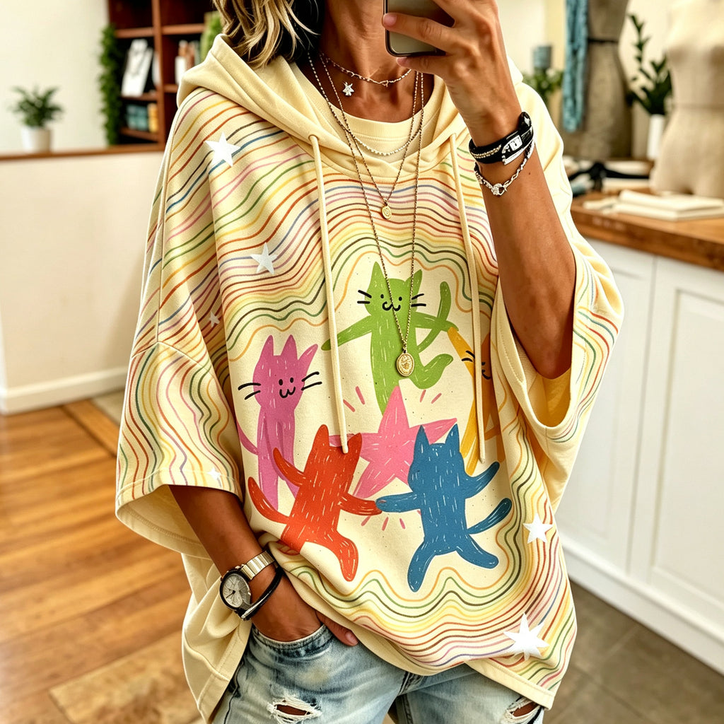 Women's Cute Cat Dancing Line Art Pattern Casual Hoodie