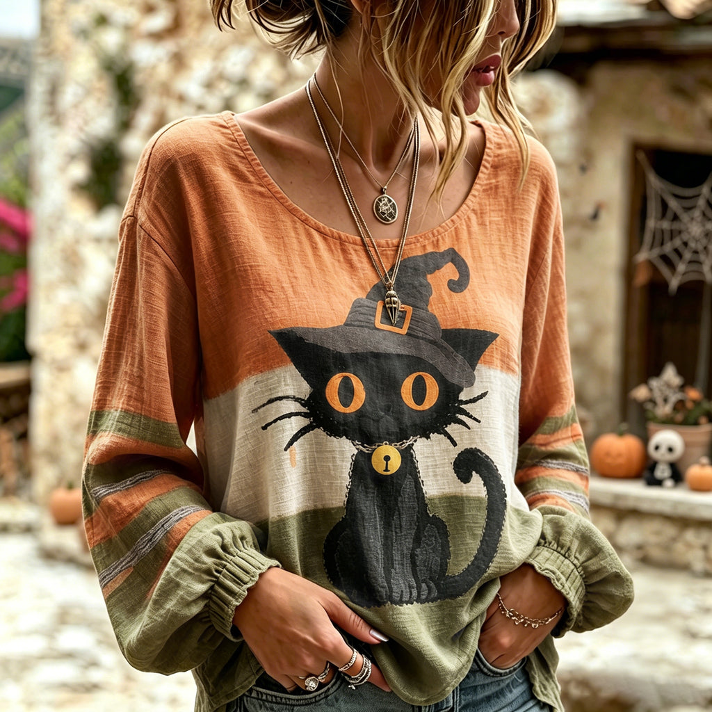Women's Vintage Halloween Wizard Cat Art Printed Linen Blend Round Neck Long Sleeve Tops