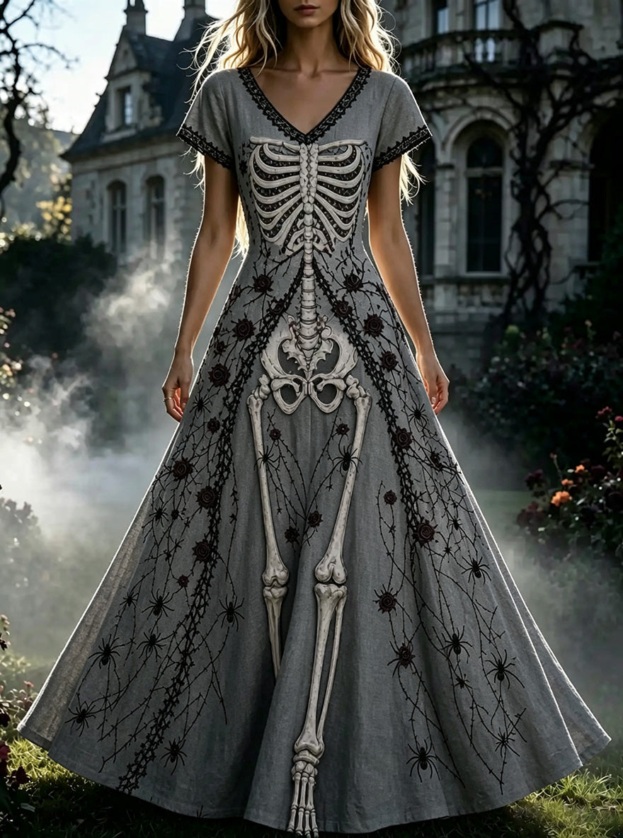 Women's  Retro Gothic Skull Floral Pattern Short Sleeves Maxi Halloween Dress