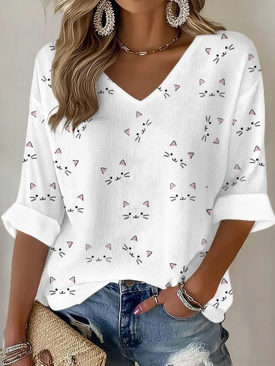 Women's Vintage Hippie Cute Cat Art Printed Art Flowy Linen Blend Three Quarter Sleeves T-shirt