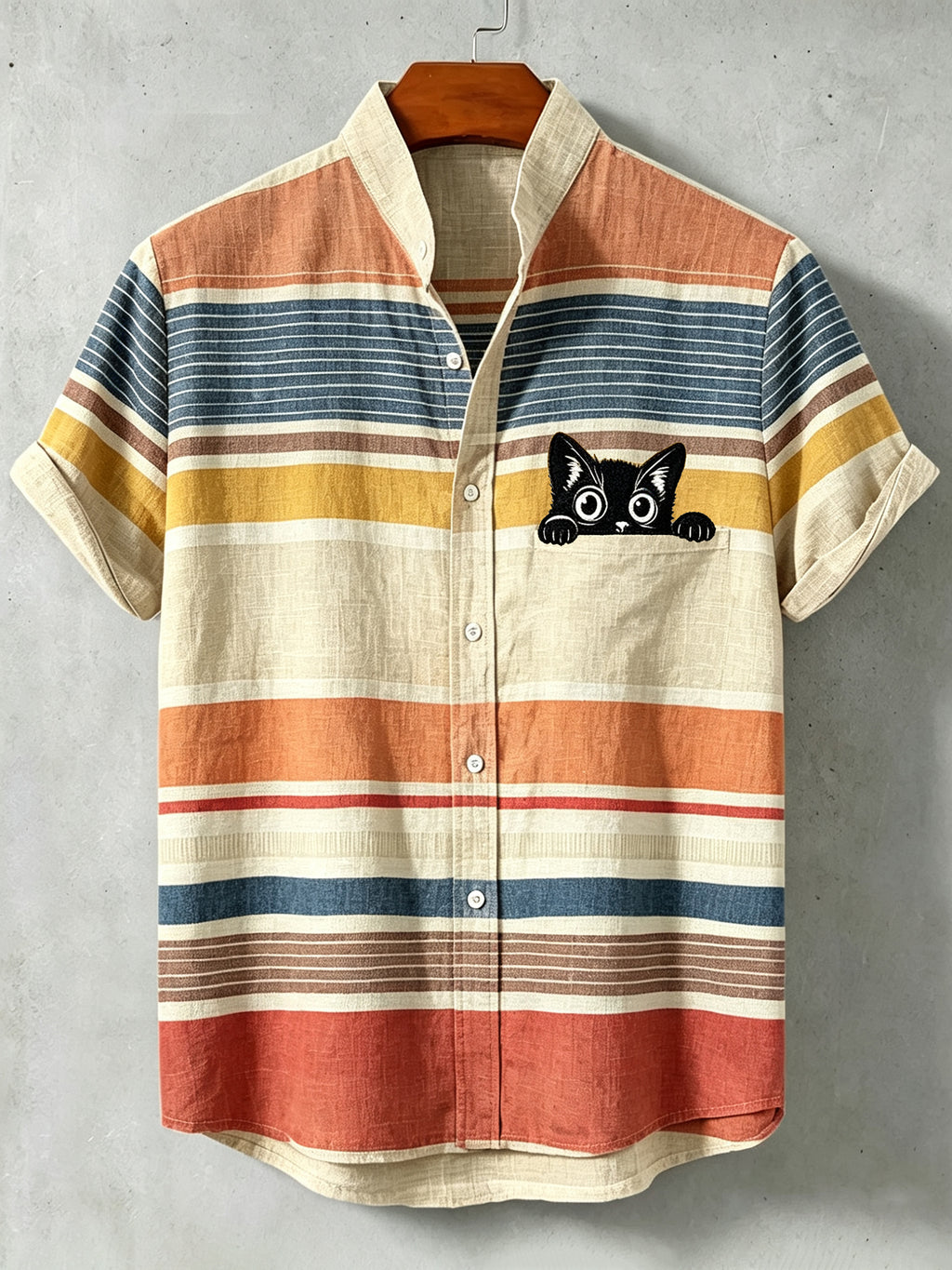 Herren Lässiges Retro-Gestreeiftes Schwarze Katze Kurzarm-Hemd aus Baumwolle und Leinen