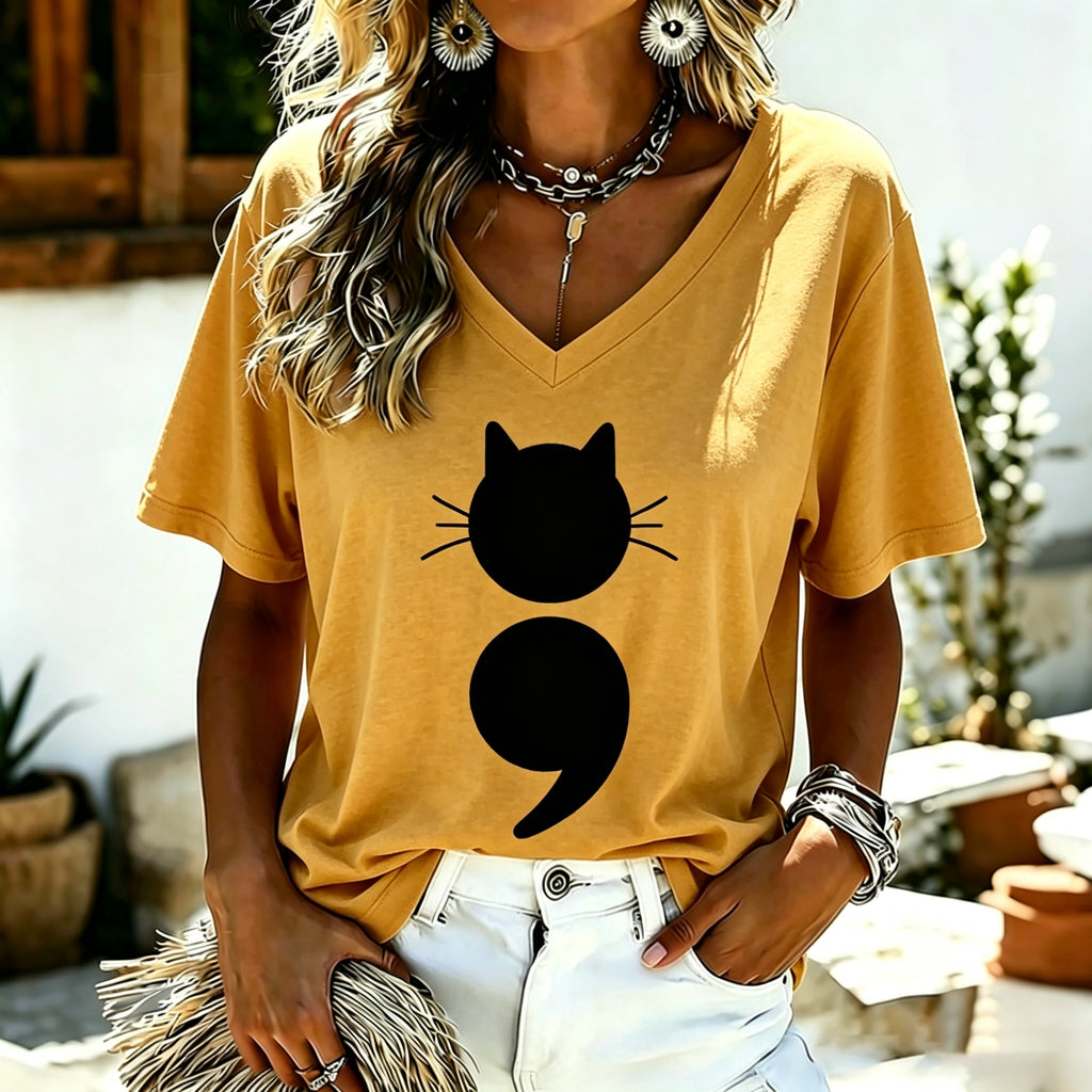 Damen Survivor Katze Semikolon psychische Gesundheit Grafikdruck Kurzarm T-Shirt