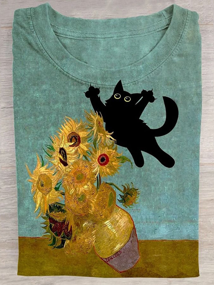 Naughty Oil Painting Cat Contrast Color Pattern T-shirt