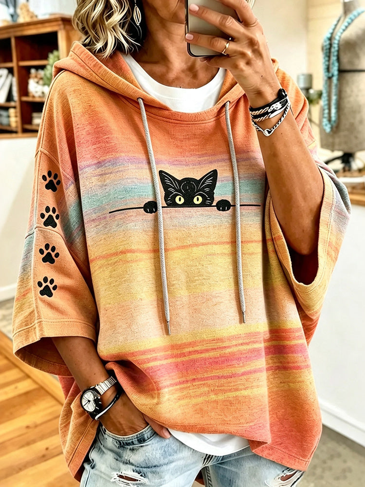 Niedlicher, lugender schwarzer Katze mit Regenbogenstreifen und Katzenpfotenabdruck Kapuzenpullover für Damen