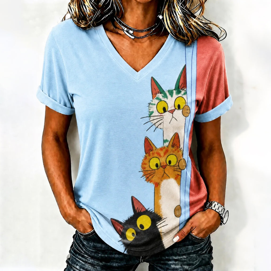 Damen Süßes T-Shirt mit Katzenmotiv