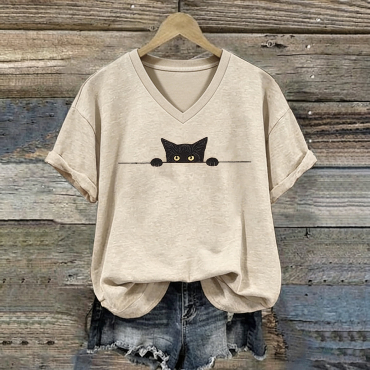 Abstract Creative Black Cat Graphic Casual V Neck T-shirt