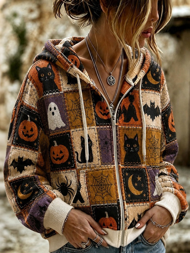 Women's Retro Halloween Black Cat Patchwork Zipper Hooded