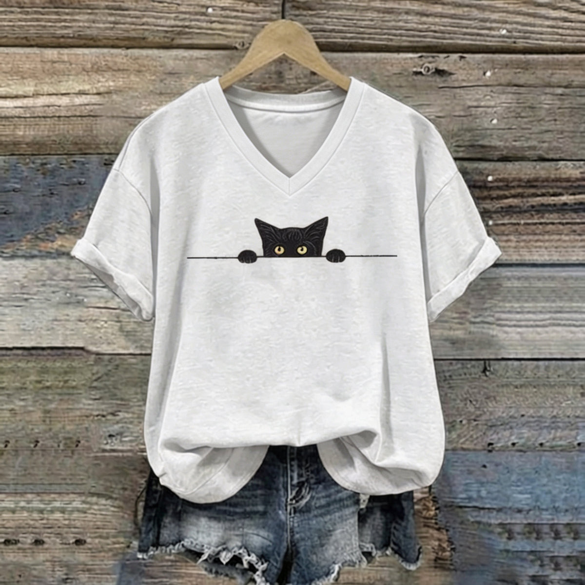 Abstract Creative Black Cat Graphic Casual V Neck T-shirt