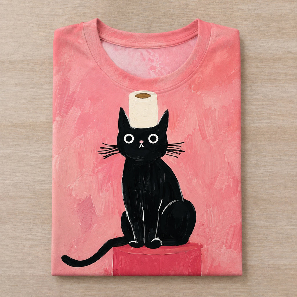 Fun Squat Toilet Black Cat Print T-shirt